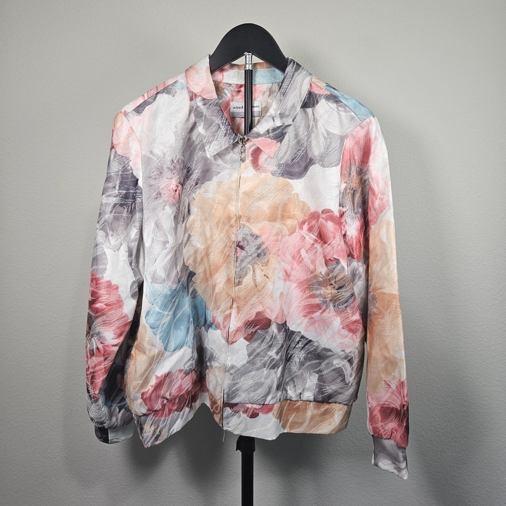 Alfred Dunner Jacket Petite Floral Metallic Zip Grannycore No Size Tag Art Deco